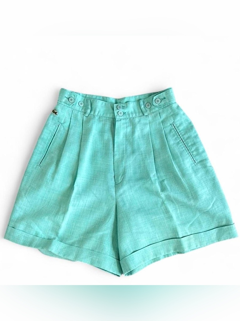 VINTAGE • 80s LACOSTE MINT TURQUOISE GREEN PLEATED LINEN BERMUDA GOLF SHORTS 26